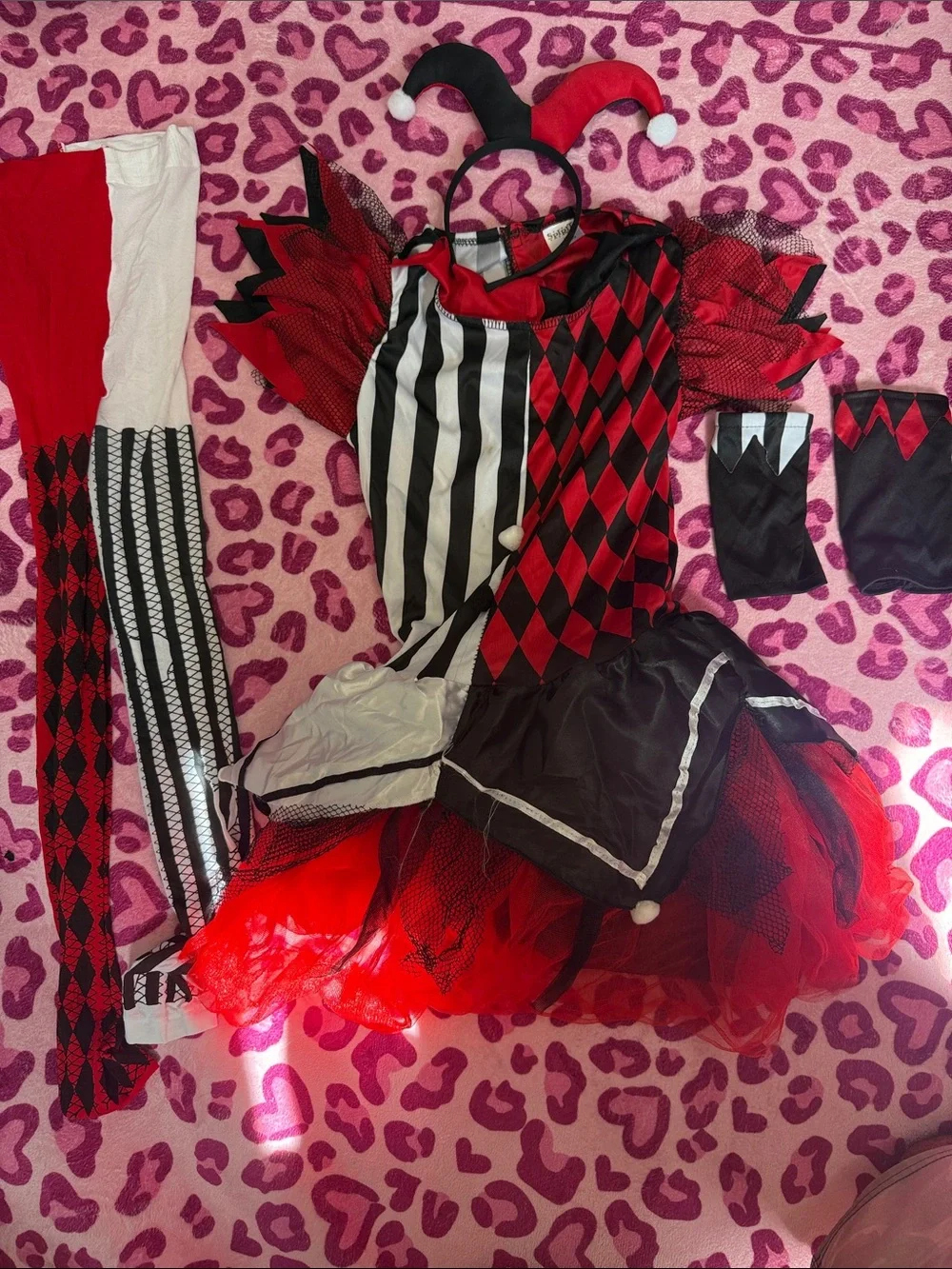 Spirit Red, Black & White Harlequin Jester Costume with Headband